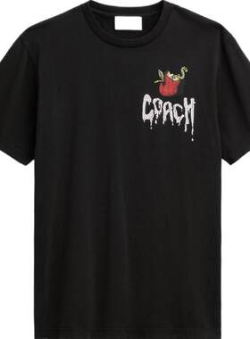【新款】COACH/蔻驰奥莱男士黑色棉质苹果图案经典圆领短袖T恤