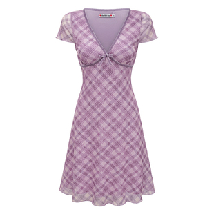 Go Girl Go 自制欧美风性感深v领格纹网纱连衣裙中长款女度假裙子