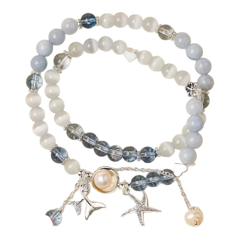 双层叠戴海蓝宝串珠猫眼石手链女款2025新款适合夏天的巨好看手串