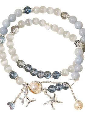 双层叠戴海蓝宝串珠猫眼石手链