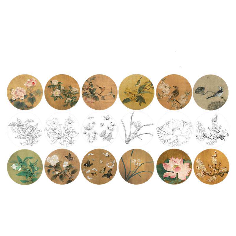 花鸟白描底稿宋画小品圆形初学临摹练习线稿有上色步骤有参考图
