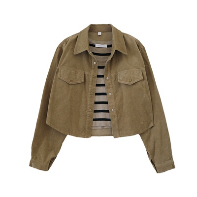 灯芯绒短外套+条纹针织背心套装