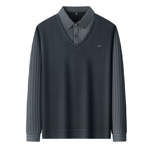 恒源祥加绒加厚假两件衬衫领秋冬新款中年保暖打底针织衫羊毛衣男