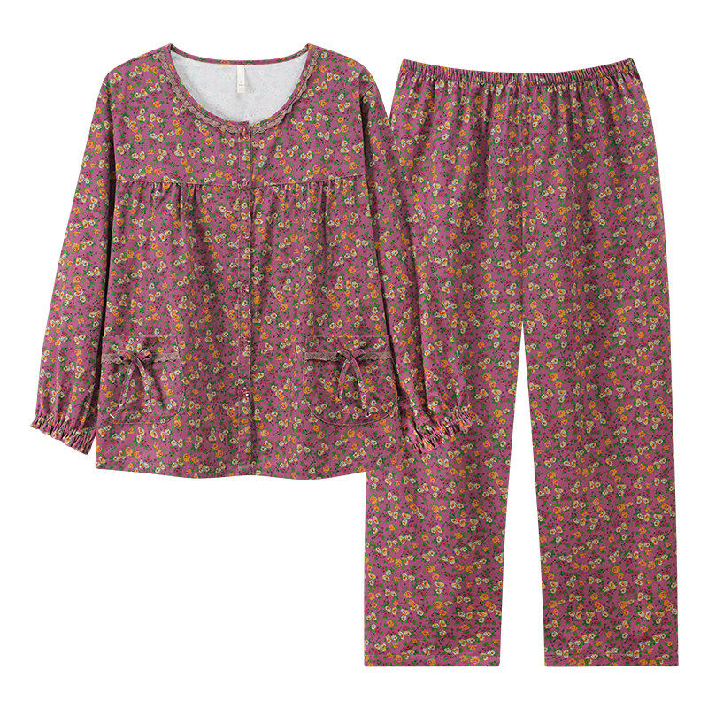 妈妈睡衣女中年纯棉开衫长袖长裤春秋中老年人老人奶奶家居服套装