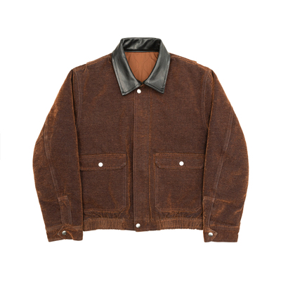 水洗棕色高质植绒牛皮领短款棉服