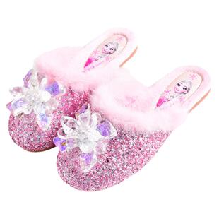 儿童公主水晶鞋加绒保暖棉拖鞋小孩爱莎卡通室内居家鞋女童毛拖鞋
