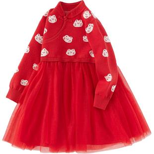 巴拉巴拉童装女童连衣裙新中式甜服裙子2025春秋季网纱红色拜年服