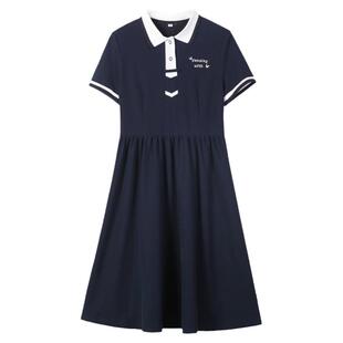 初中生连衣裙少女夏装日系新款学院风修身JK服POLO领中长款裙子