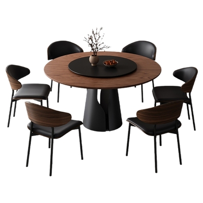 复古风实木岩板餐桌家用小户型饭桌圆形餐桌椅2025新款轻奢高级感