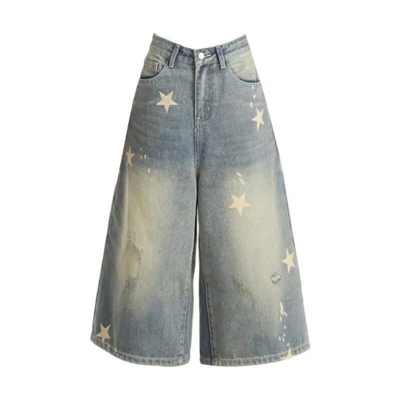 复古星星印花牛仔七分裤