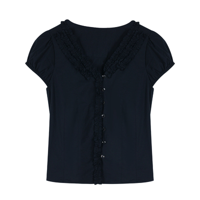 pusumede 法式v领泡泡袖衬衫女夏季衬衣修身收腰小衫气质短款上衣