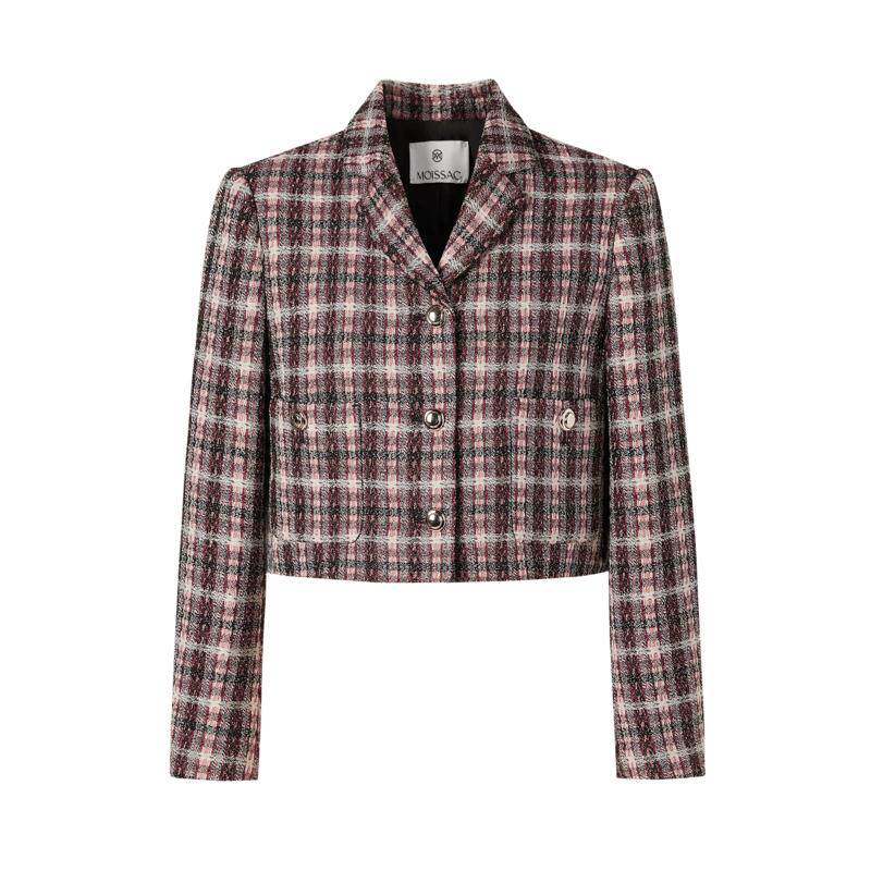 商场同款 摩萨克秋绵羊毛酒红格纹小香风粗花呢短外套女