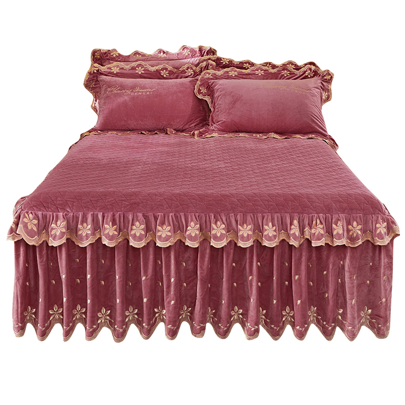 申牟家纺刺绣纯色宝宝绒细绒水晶绒加绒加厚床罩夹棉冬床裙式单件