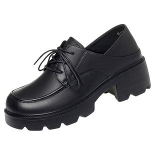 木林森女鞋2025春季新款真皮皮鞋粗跟系带休闲鞋中跟柔软舒适单鞋