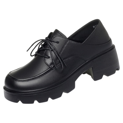 木林森女鞋2025春季新款真皮皮鞋粗跟系带休闲鞋中跟柔软舒适单鞋