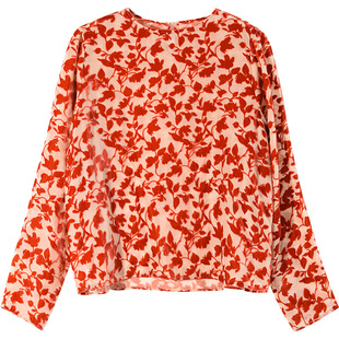 GESGOO气质真丝丝绒上衣秋装女通勤圆领长袖衬衫法式别致绝美小衫