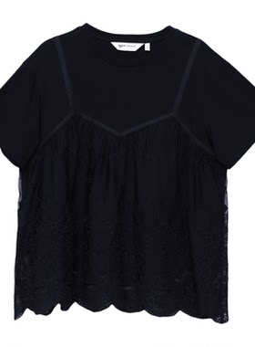 MOVEUP幻走2026春季新款.FUN系列圆领假两件蕾丝边休闲短款T恤女