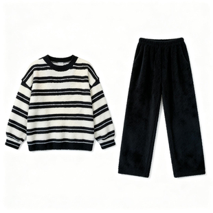 猫人半边绒男士睡衣秋冬季2025新款春秋款长袖加厚加绒家居服套装