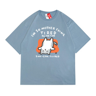 悦游 tired猫 美短暹罗躺沙发趣味宽松纯棉短袖T恤男日系ins