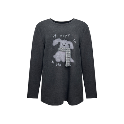 NAZ那子大码冬装俏皮可爱小狗印花加绒长袖T恤胖mm加厚复古上衣女