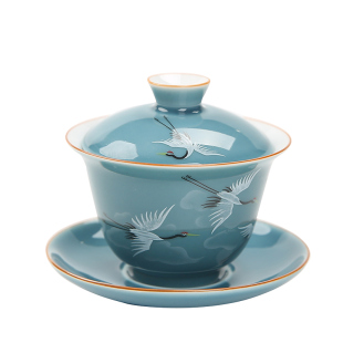 盖碗茶杯单个陶瓷大号三才泡茶碗功夫茶具家用颜色釉霁蓝仙鹤套装