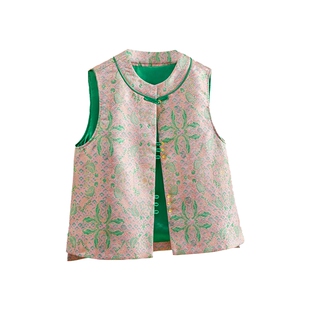 她池圆领马夹2026春装新款女装短款单排扣国风复古宽松款棉马甲