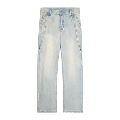 ALLIN 美式水洗牛仔裤男黄泥染直筒阔腿裤潮牌做旧休闲微喇长裤子