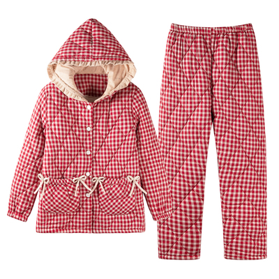 2025新款梭织夹棉睡衣女款红色格子连帽可外穿三层加绒加厚家居服