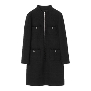 LANCY/朗姿2025冬新款高级感小香风羊毛拉链连衣裙黑色长袖直筒裙