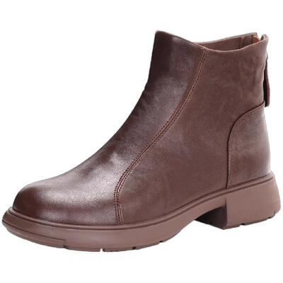 康莉后拉链厚底真皮粗跟圆头女靴