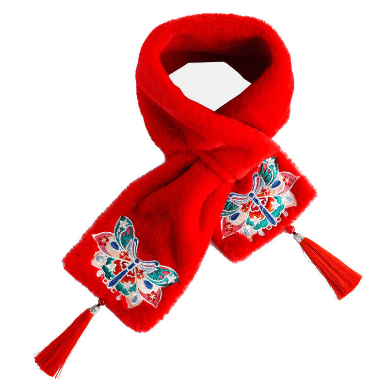 民族风刺绣仿獭兔毛毛绒保暖围巾女秋冬季交叉围脖短款仿皮草脖套