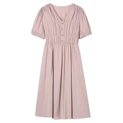 五分袖中裙松紧腰连衣裙