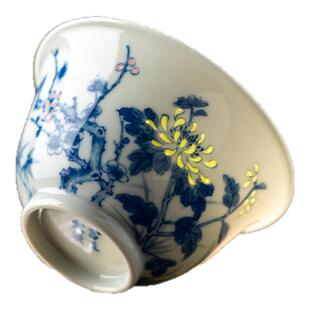 富玉窑官方陶瓷茶杯景德镇青花玲珑梅兰竹菊主人杯单杯个人压手杯