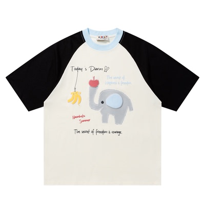 夏季趣味小象发泡印花短袖T恤男