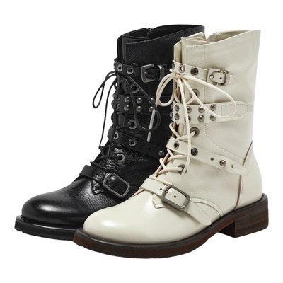 真美诗2025冬季新款荔枝纹牛皮摇滚朋克风机车靴马丁靴女Z238PDZ5