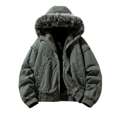 连帽冬季宽松加绒毛领纯棉外套