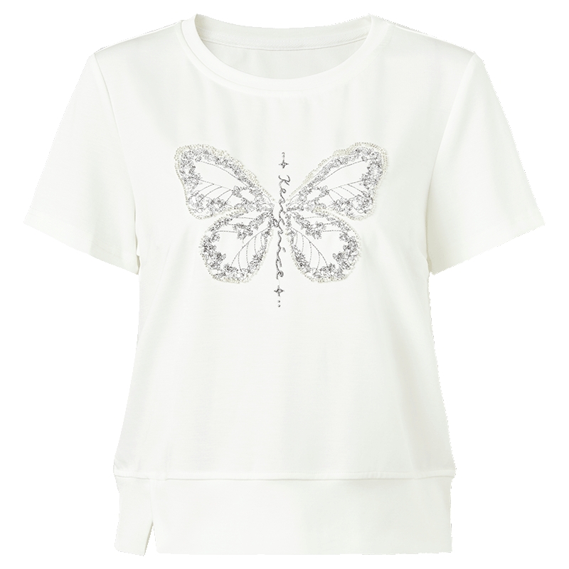 马天奴2025春夏新款纯色莫代尔T恤钉珠蝴蝶圆领短袖上衣时尚百搭