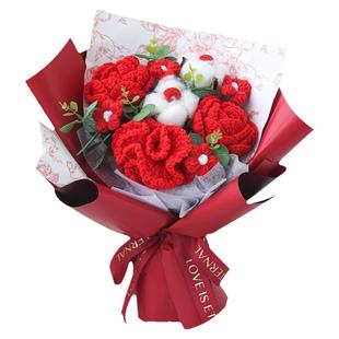 创意成品毛线针织花仿真康乃馨玫瑰花复古花束生日情人节礼物女友