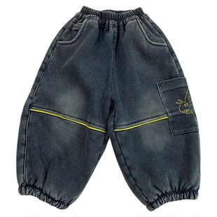 男童一体羊羔绒牛仔裤2025冬季儿童保暖宽松灯笼裤一条过冬束脚裤