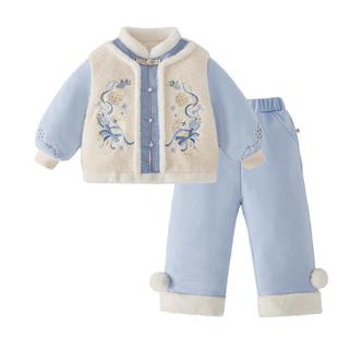 儿童唐装套装秋冬宝宝中国风小女孩加绒衣服小童新年装拜年服女童