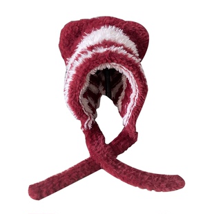 条纹系带毛绒帽子女秋冬可爱小熊耳朵针织帽保暖护耳包头帽毛线帽
