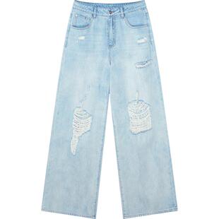 妖精的口袋浅色高腰破洞牛仔裤女2025秋新款宽松休闲直筒阔腿裤子