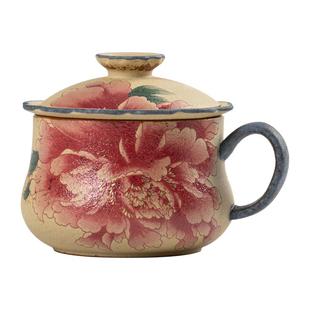 牡丹花青花火石红办公杯茶水分离泡茶杯复古陶瓷水杯带盖个人专用