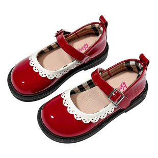 芭比童鞋儿童皮鞋2025新款春秋软底新年红色小皮鞋公主鞋女童单鞋