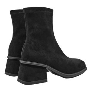 UDV2023秋冬弹力绒短靴圆头中粗跟时尚女鞋英伦风矮靴时装鞋