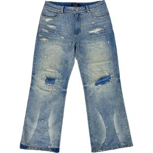 Human Voices破坏补丁贴布乱针水洗蓝牛仔裤男女宽松直筒长裤