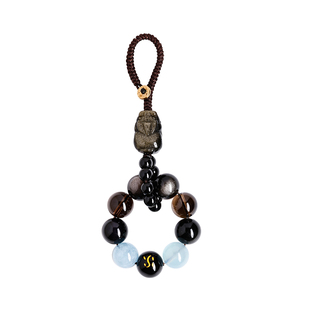 遇见普陀山天然黑曜石海蓝宝茶水晶补水钥匙扣貔貅手机挂件新年礼