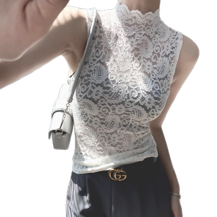 蕾丝打底衫女内搭夏外穿性感镂空半高领上衣高级感无袖背心t恤薄