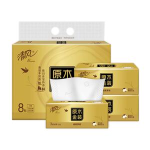 清风纸巾抽纸原木金装4层家用实惠装整箱大包餐巾纸卫生纸抽24包