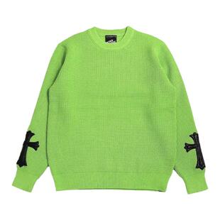 华夫格纹理贴皮十字架针织衫欧美潮牌个性街头宽松情侣装草绿毛衣